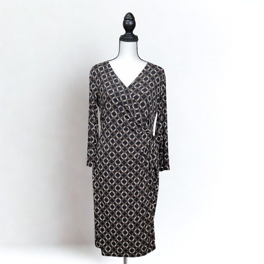 Black Label Evan Picone Size 8 Faux Wrap Midi Dress Geometric Career Office